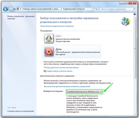 Семейная безопасность в панели родительского контроля